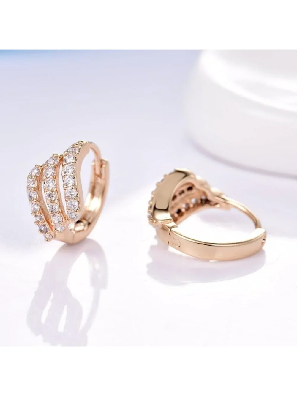 Stunning Gold Tone Three Layer White Rhinestone Hoop Earrings for Parties